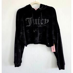 NEW Juicy Couture Black Velour Cropped Hoodie Sweatshirt Rhinestone Logo Medium
